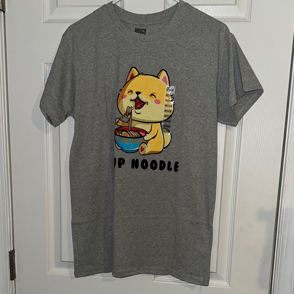Gray Graphic Tee with Cute Dog Eating Noodles